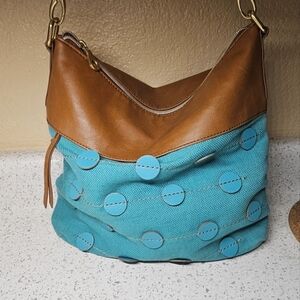 Relic by Fossil “You Are My Sunshine”Teal Polka Dot Canvas & Brown Faux Leather